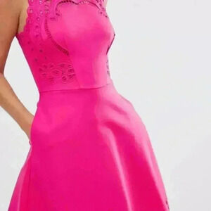 Ted Baker - Fuchsia Sleeveless‎ Lace Embroidery A-Line Midi Dress Sz 0